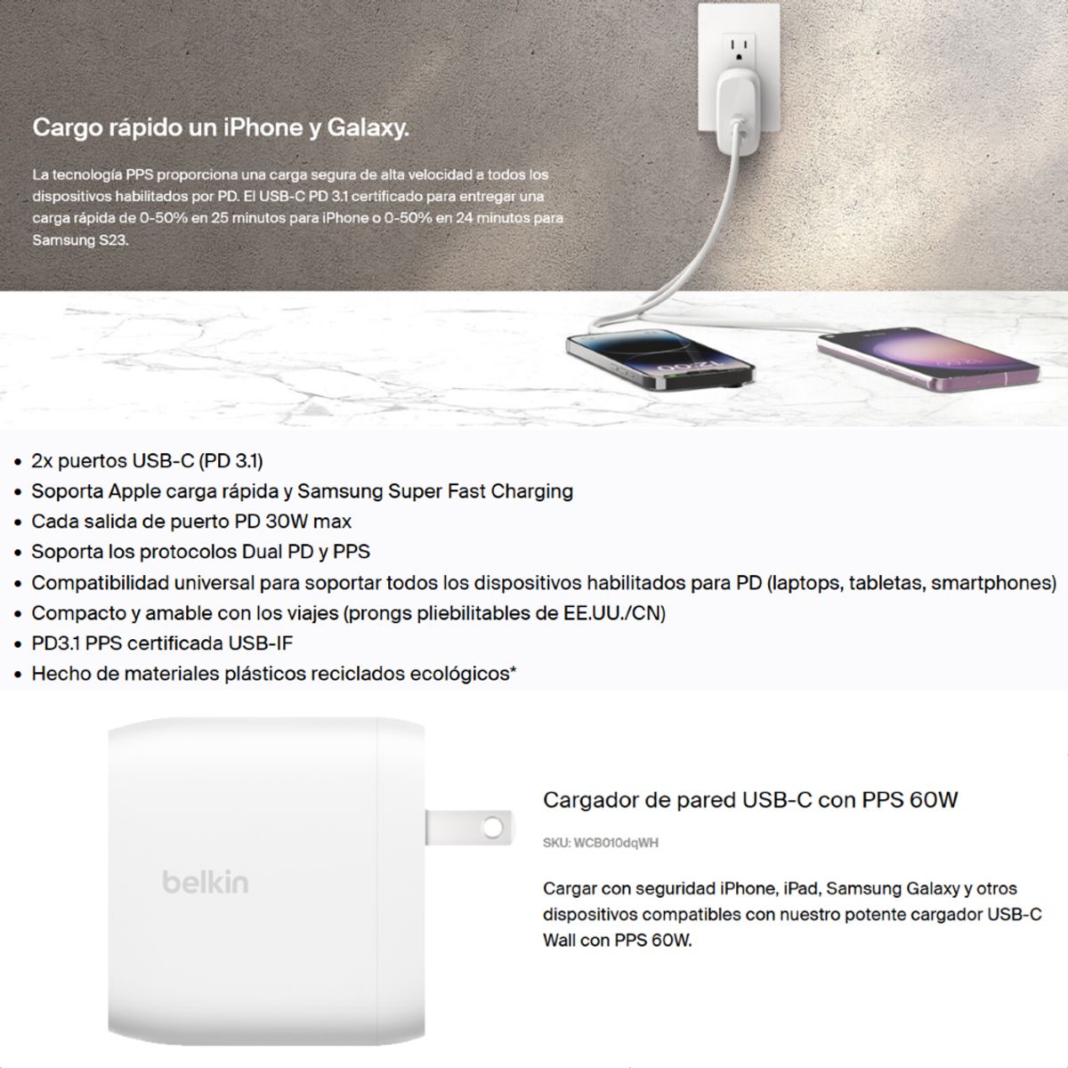 BELKIN - Cargador De Pared USB-C Dual PPS 60W Belkin Boostcharge Pro