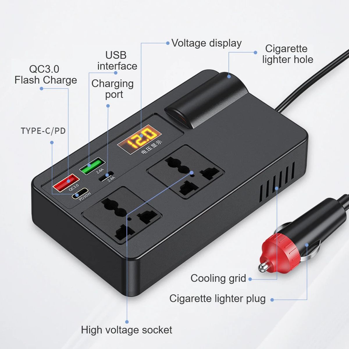 GENERICO - Inversor de carro 150W pico DC12V24V a 110V220V