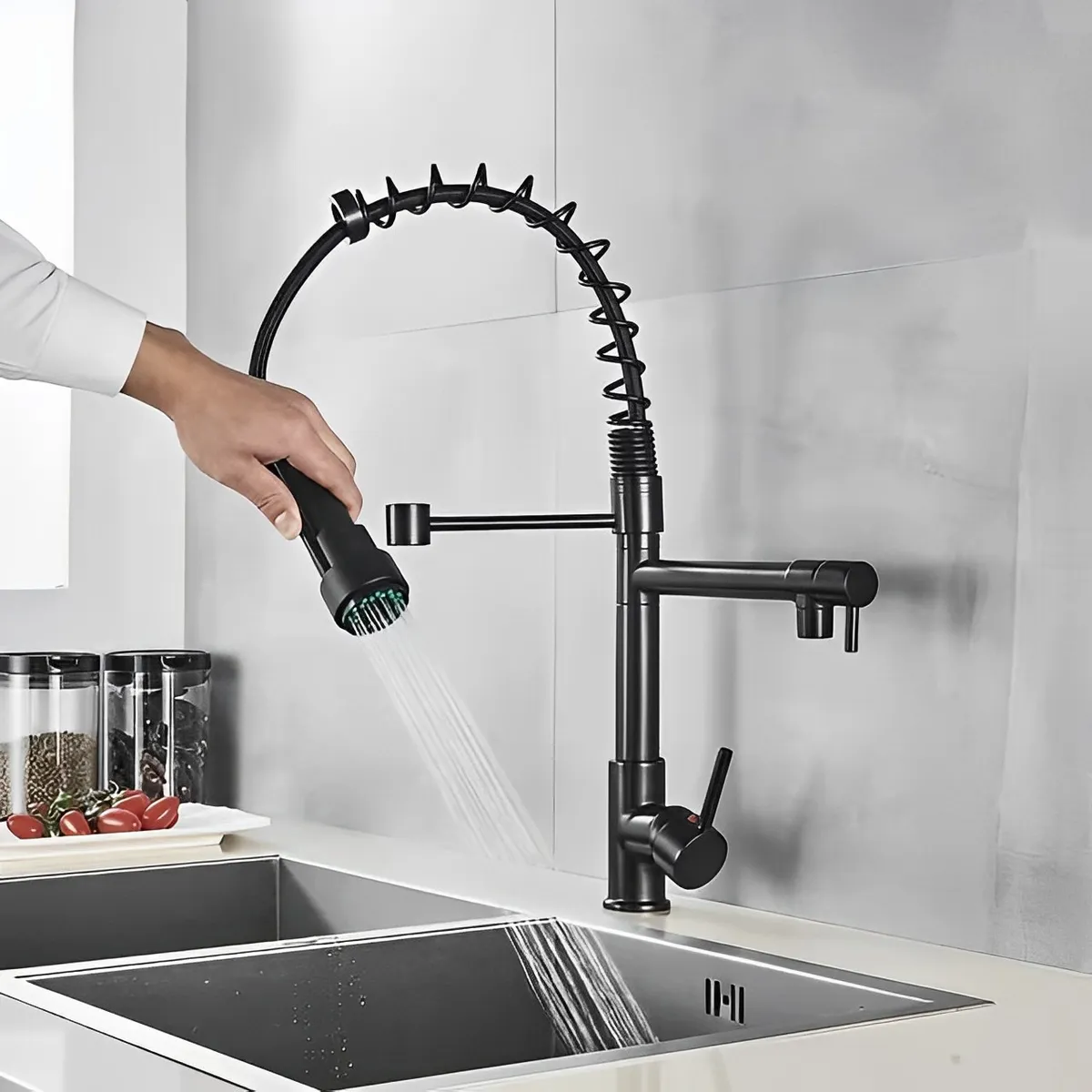 MILOPTS - Llave Grifo Acero Para Lavaplatos Monomando Cuello Flexible Negro
