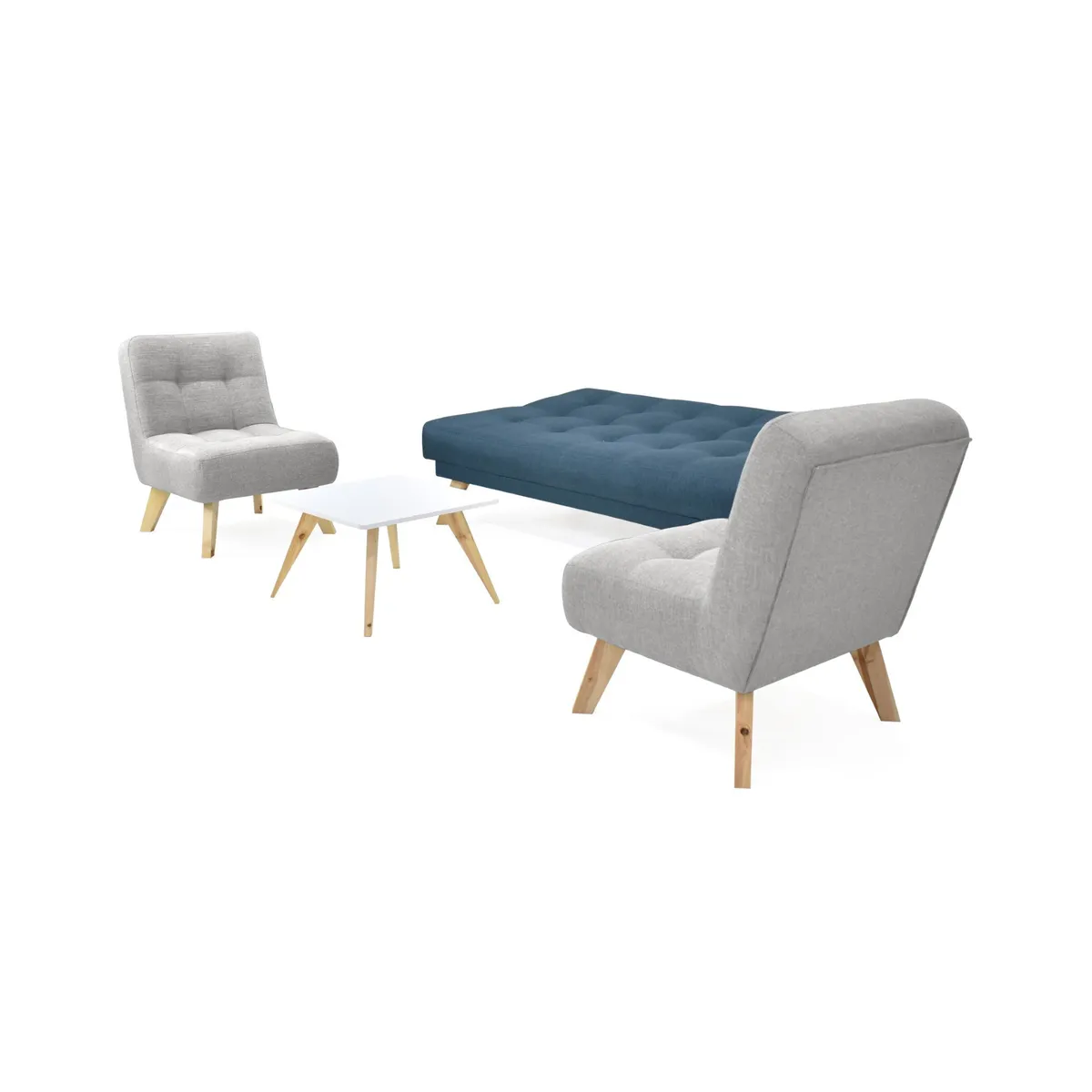 VENECIA - Set de Sala Porto y Mesa de Centro Nova en Tela Azul - Plata