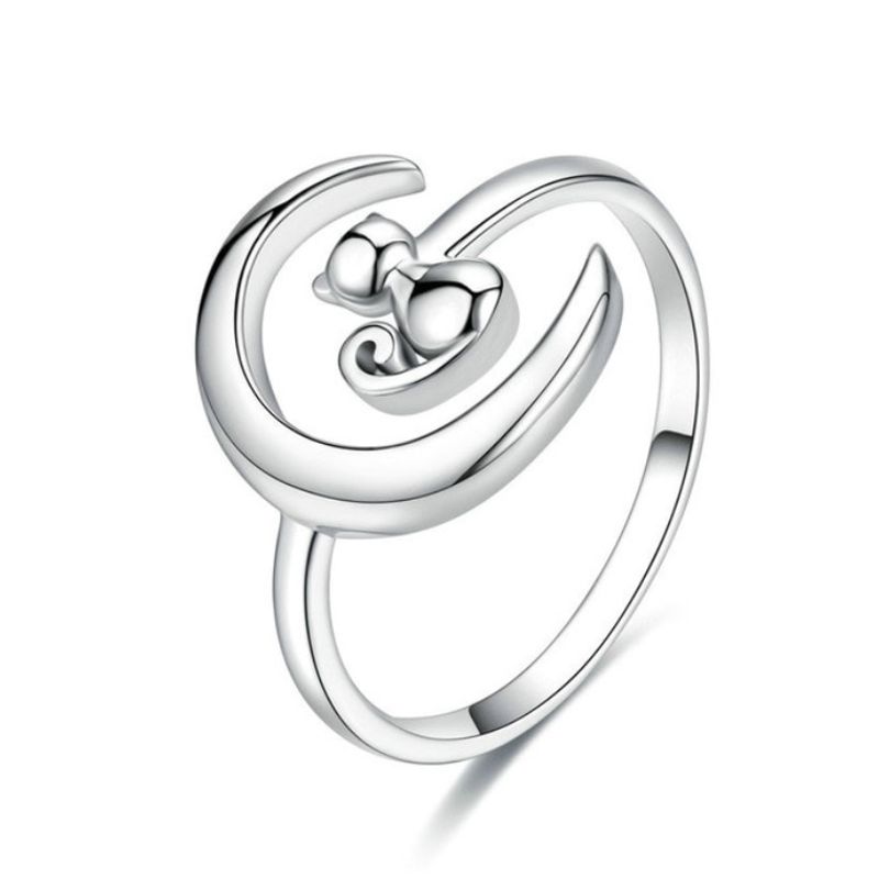 ALHAJAS - Anillo Ajustable Para Mujer Gato Luna Fabricado En Plata 925
