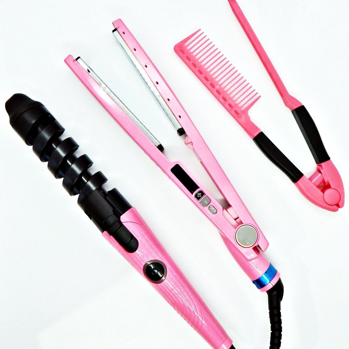 GENERICO - Combo nano titanium Plancha, Rizador Y Peine  rosado.