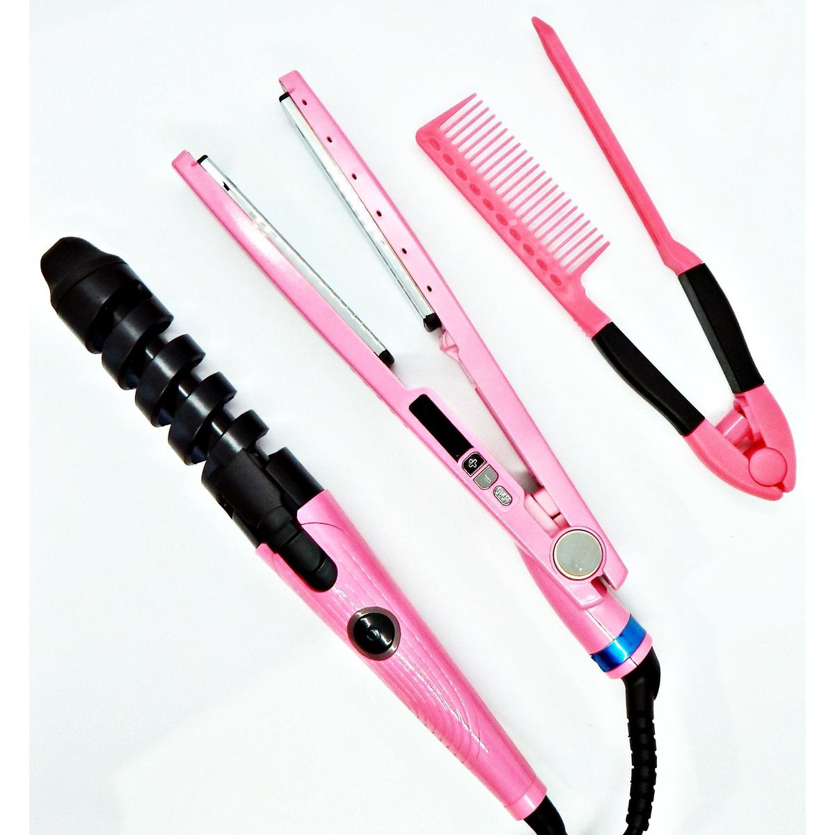 GENERICO - Combo nano titanium Plancha, Rizador Y Peine  rosado.