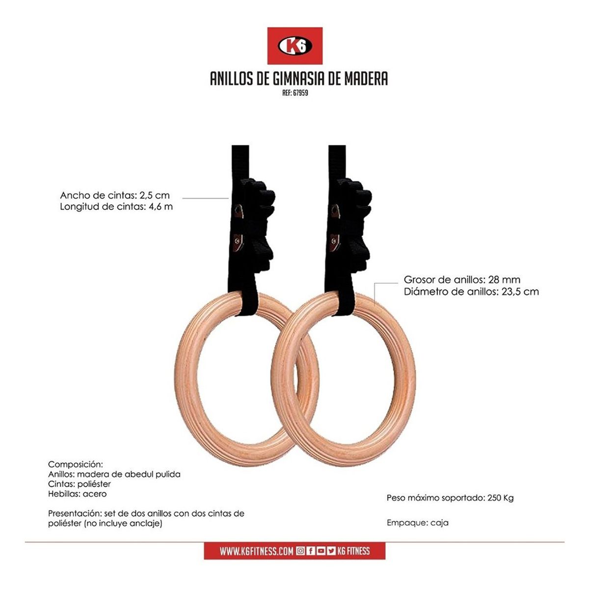K6 - Anillas Para Gimnasia Madera Con Correas K6