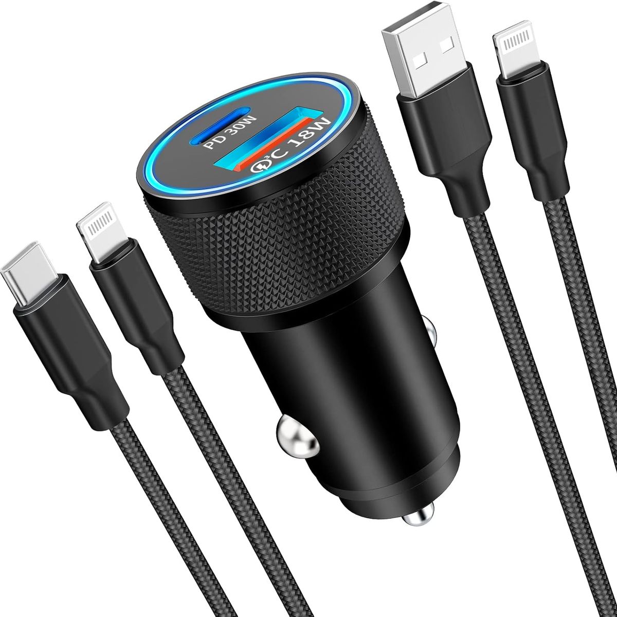 GENERICO - Cargador de Carro para Teléfono PD y QC con 2 Cables USB-C a Lightning