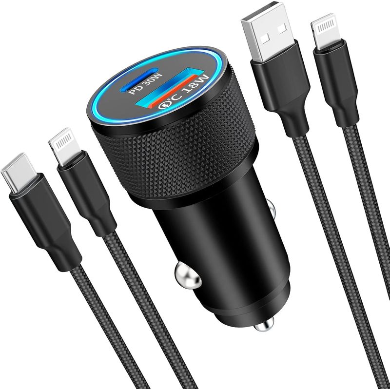 GENERICO - Cargador de Carro para Teléfono PD y QC con 2 Cables USB-C a Lightning