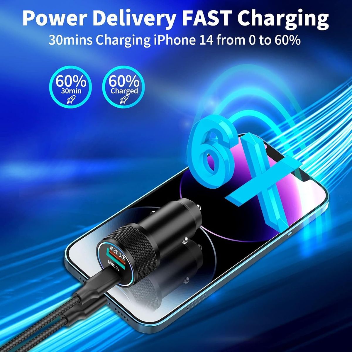 GENERICO - Cargador de Carro para Teléfono PD y QC con 2 Cables USB-C a Lightning