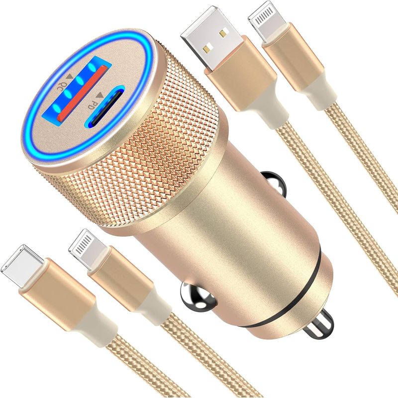GENERICO - Cargador de Carro para Teléfono PD y QC con 2 Cables USB-C a Lightning