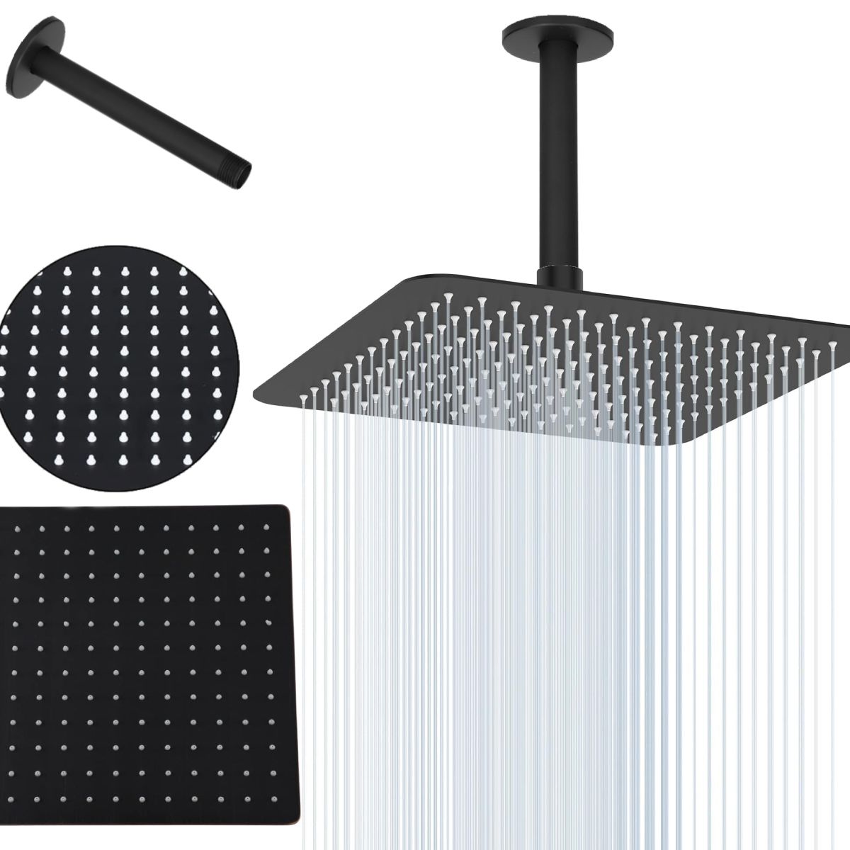GENERICO - Regadera Ducha Piatto Negra 25cm Acabado Mate-tubo Techo