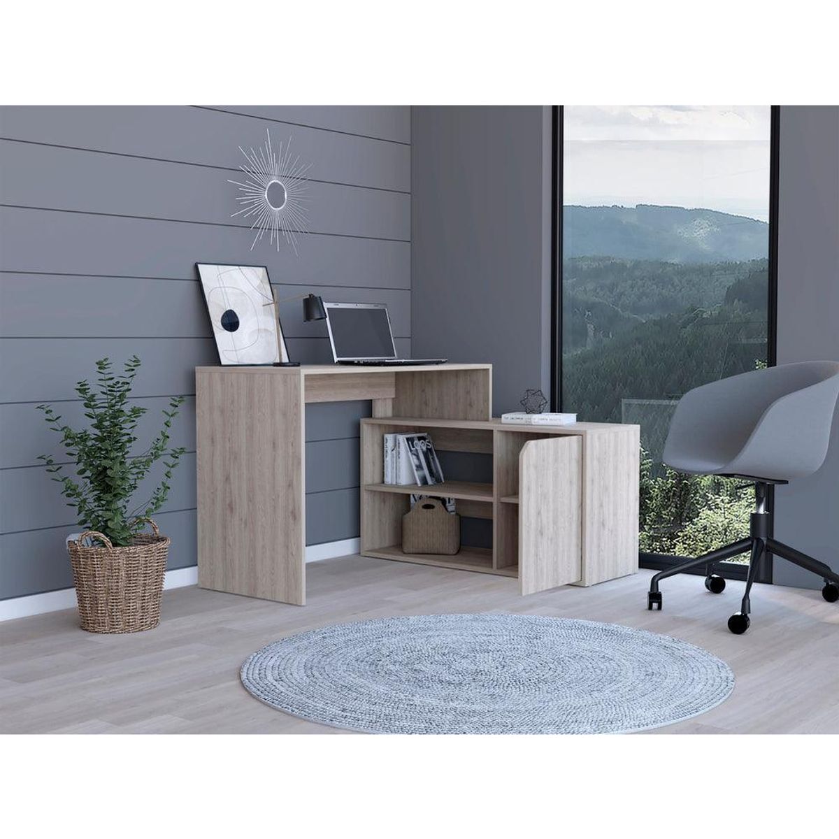 RTA DESIGN - Escritorio En L Wuhan Humo con Entrepaños Para Objetos y Una Puerta