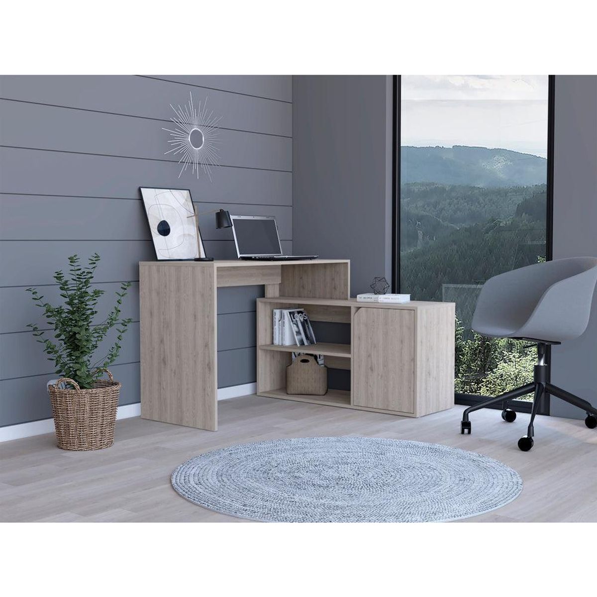 RTA DESIGN - Escritorio En L Wuhan Humo con Entrepaños Para Objetos y Una Puerta