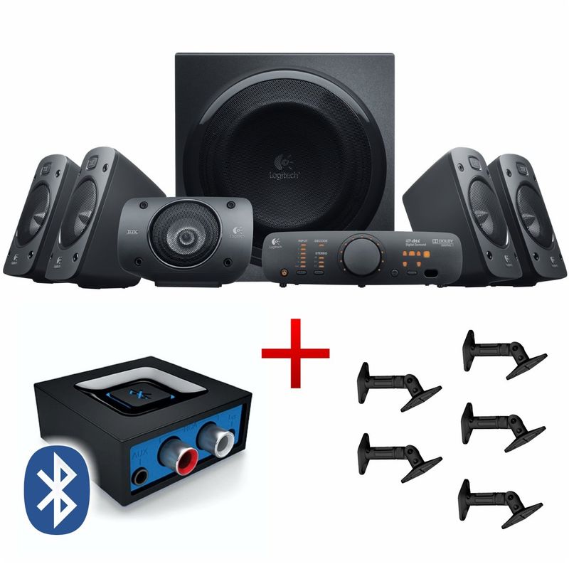 LOGITECH - Parlantes 5.1 Logitech Z906 + Adaptador Bluetooth 3,5mm + Soportes