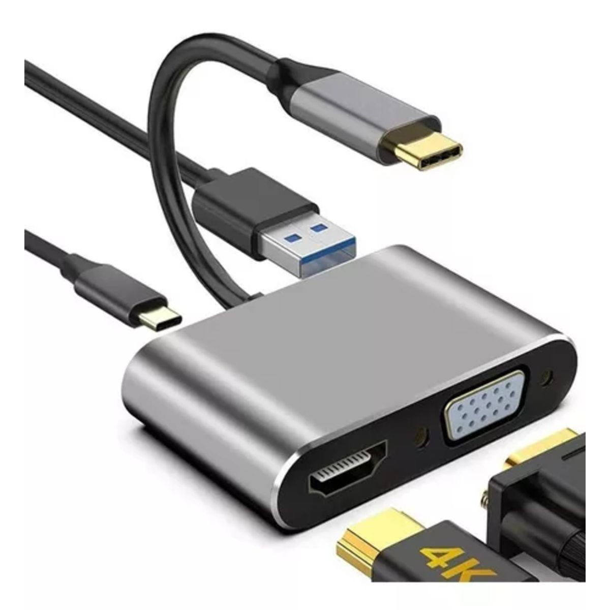 GENERICO - Adaptador para Portátil 4 en1 Tipo C a  Hdmi+Vga+Usb 3.0+Tipo C
