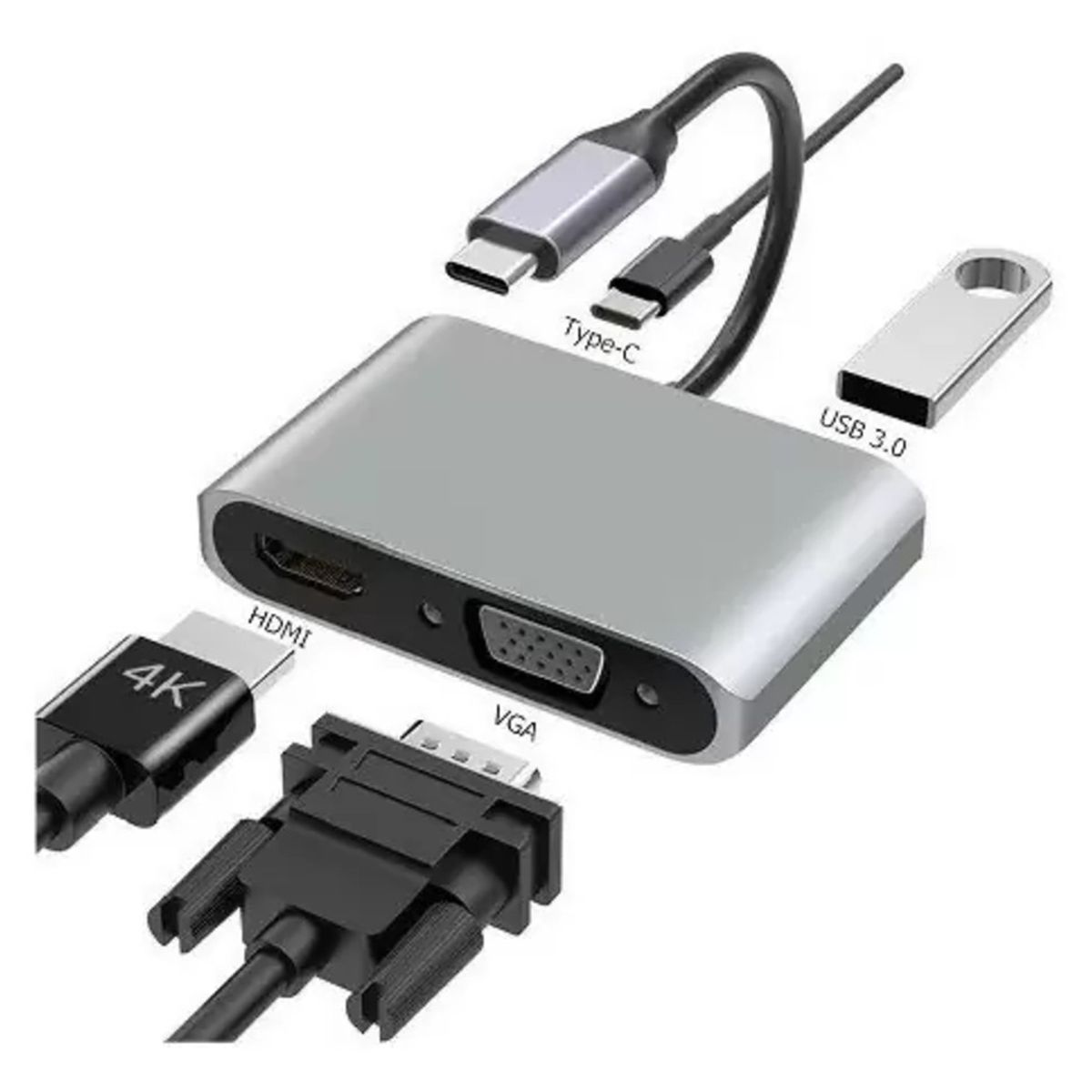 GENERICO - Adaptador para Portátil 4 en1 Tipo C a  Hdmi+Vga+Usb 3.0+Tipo C