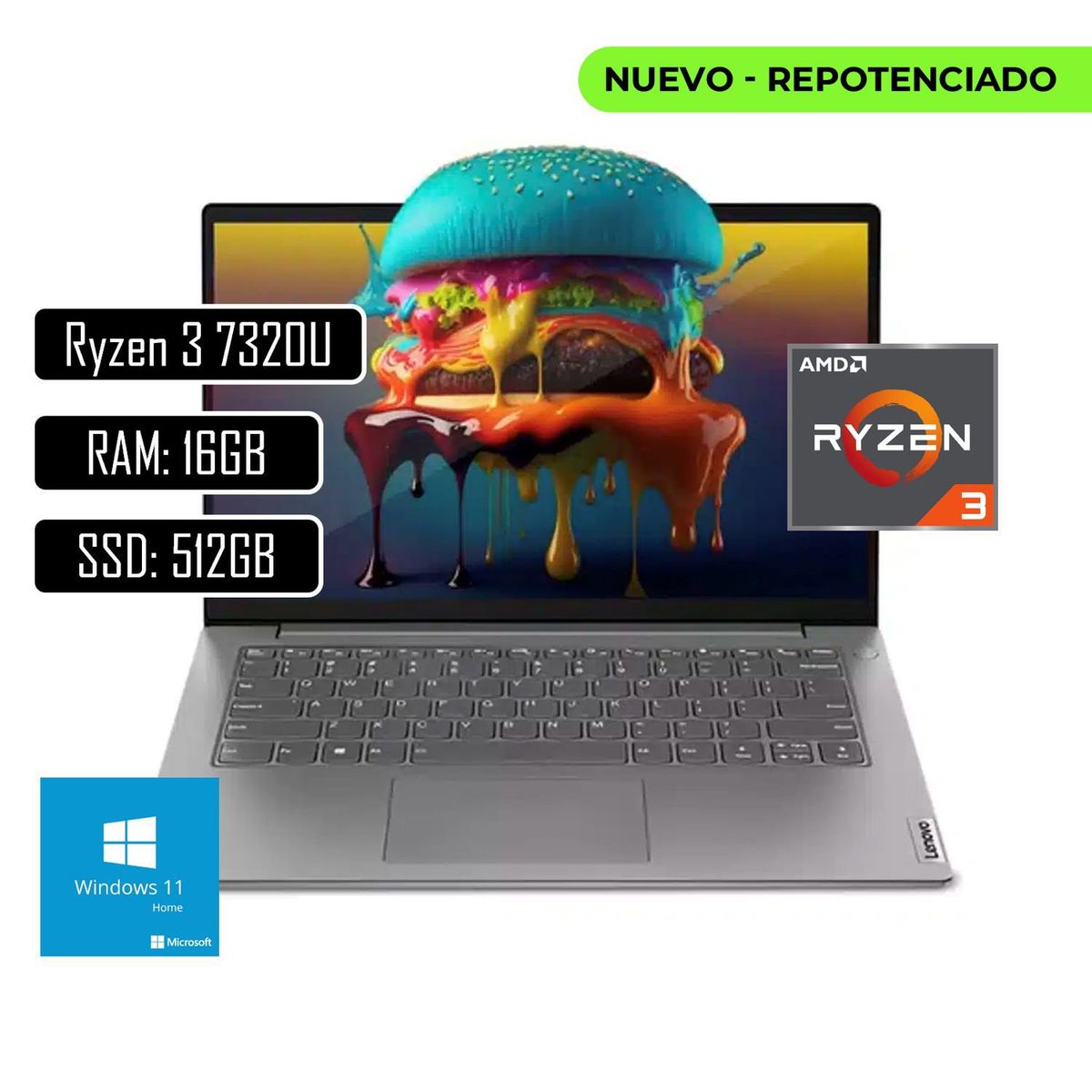 LENOVO - PORTATIL LENOVO V14 - AMD RYZEN 3 7320U - 16GB LPDDR5 - 512GB SSD - PANT 14" FHD RJ45 - GREY