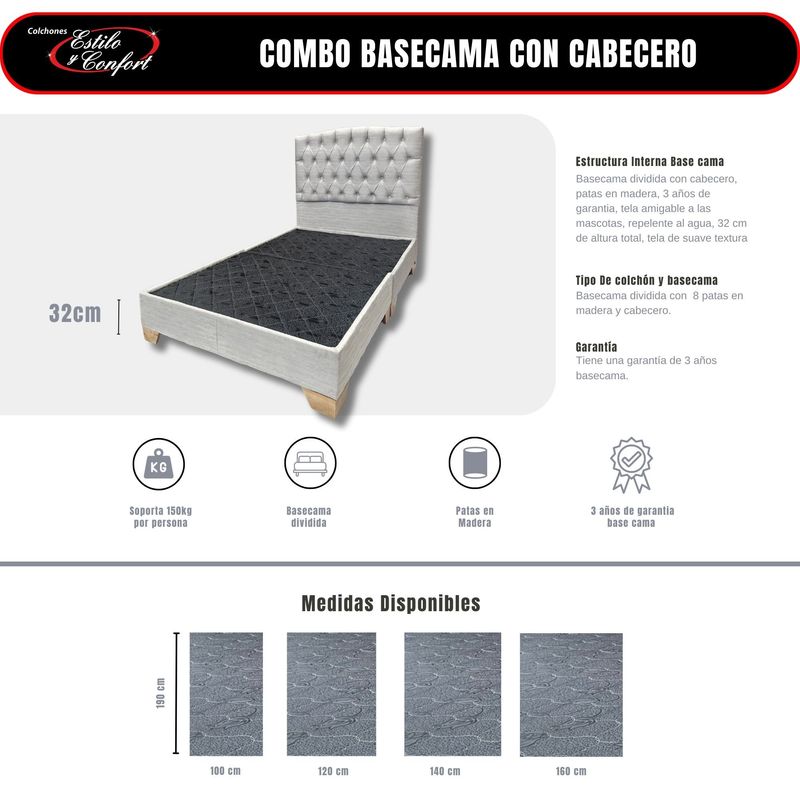 ESTILO Y CONFORT - Basecama con Cabecero Capitoneado Gris 120 semidoble