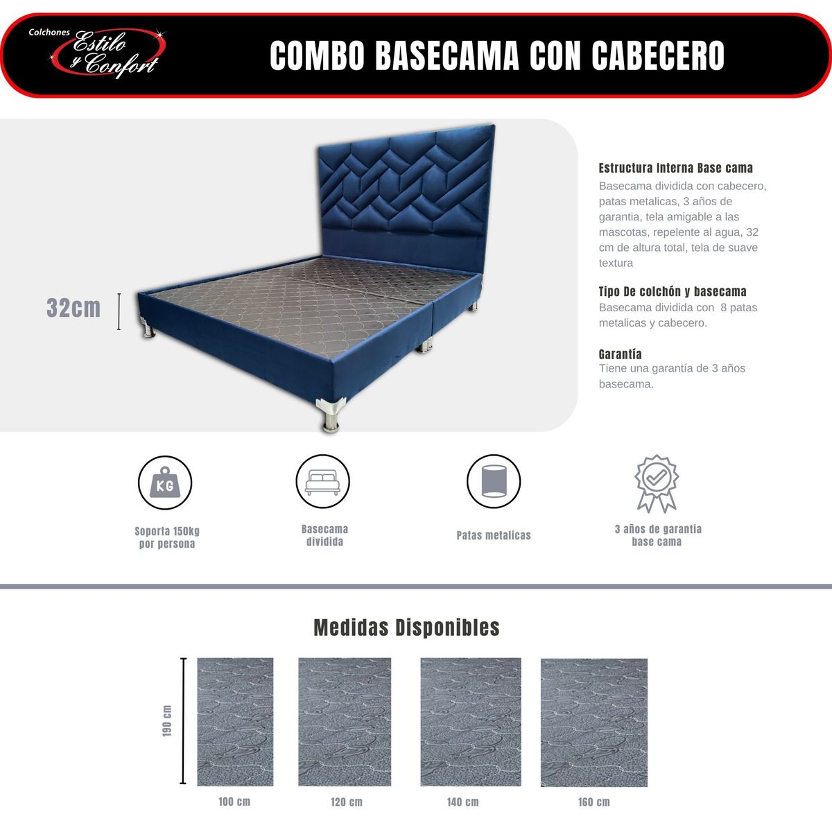 ESTILO Y CONFORT - Basecama con Cabecero Atlanta Azul 140 doble