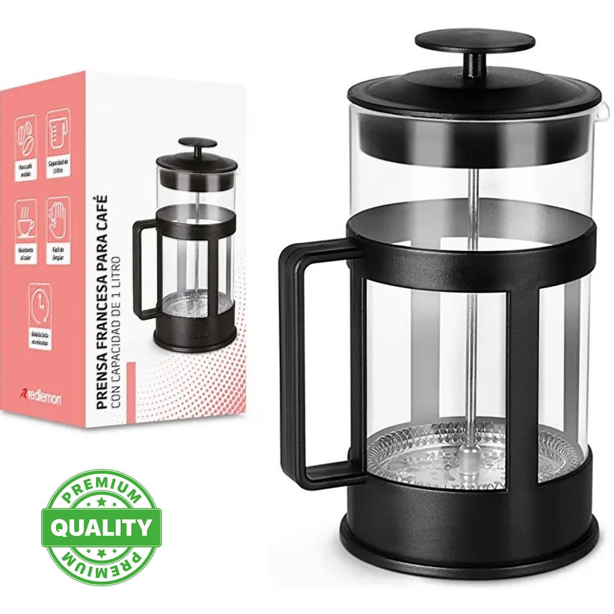 ONE PIXEL - Cafetera Francesa En Vidrio Borosilicatado Practica 1000Ml