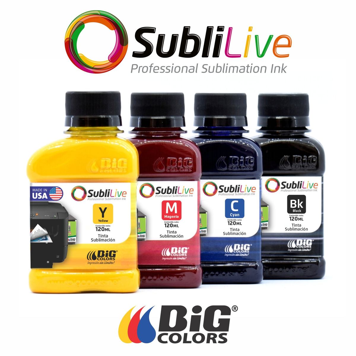 BIG COLORS - TINTAS BIG COLORS SUBLIMACION MADE IN USA - COMPATIBLE EPSON F170 COMBO 4X 120ML