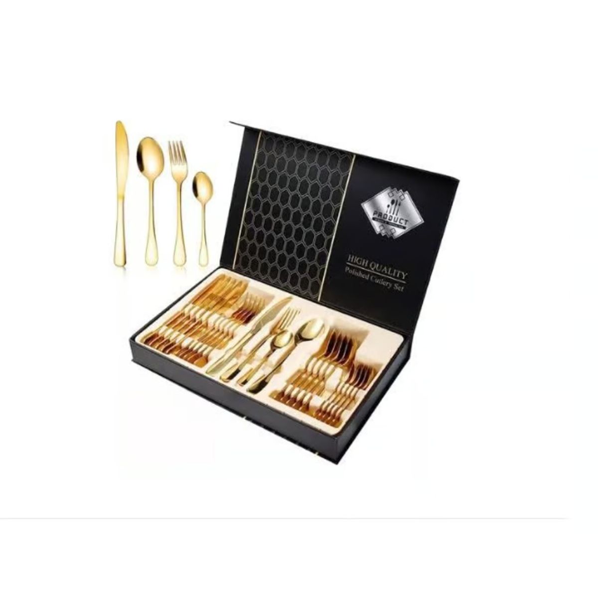 BEHOME - Juego de Cubiertos Set 24 Piezas Acero Inoxidable Dorado