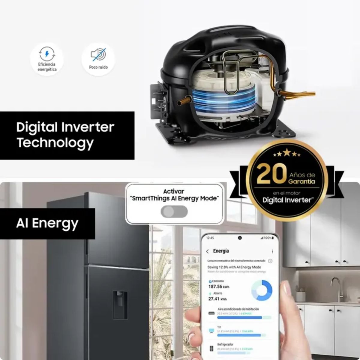 SAMSUNG - Nevera SAMSUNG No Frost Congelador superior 389 Litros Brutos Negro