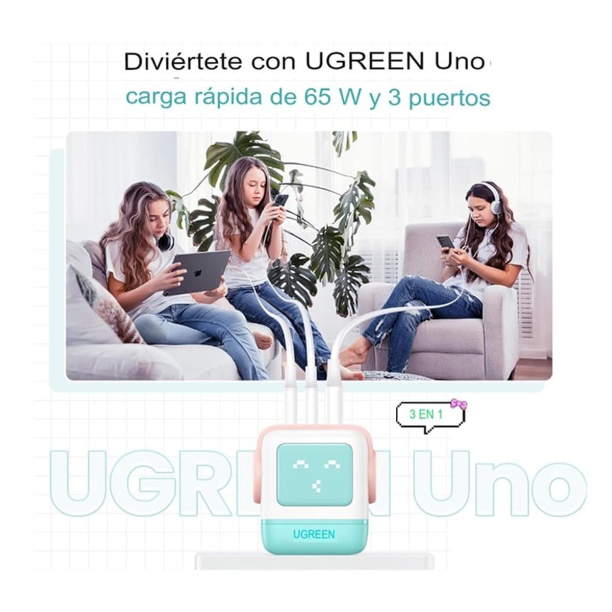 UGREEN - Ugreen Cargador Usb A Y Usb C Rg De 65w Robot Con 3 Puertos Azul