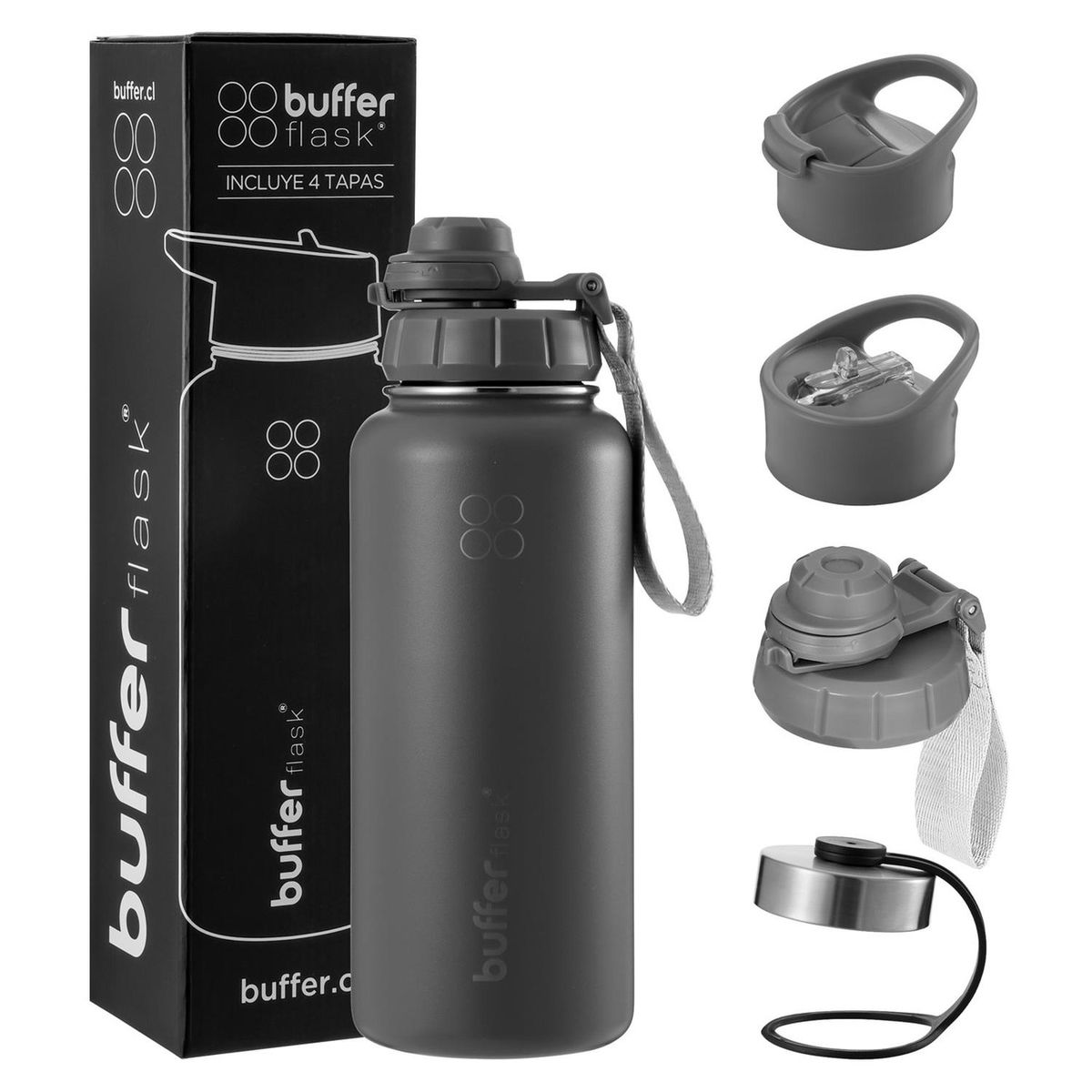BUFFER FLASK - Termo Botella Agua Termica Inoxidable Buffer+Tapas - Gris-