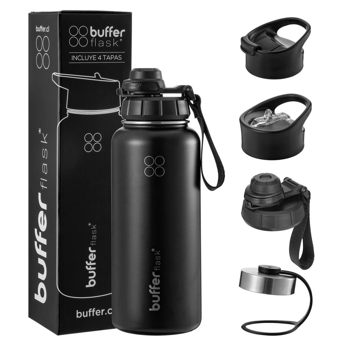 BUFFER FLASK - Termo Botella Agua Termica Inoxidable Buffer+Tapas - Negro-