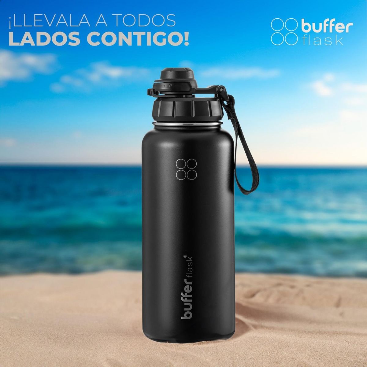 BUFFER FLASK - Termo Botella Agua Termica Inoxidable Buffer+Tapas - Negro-