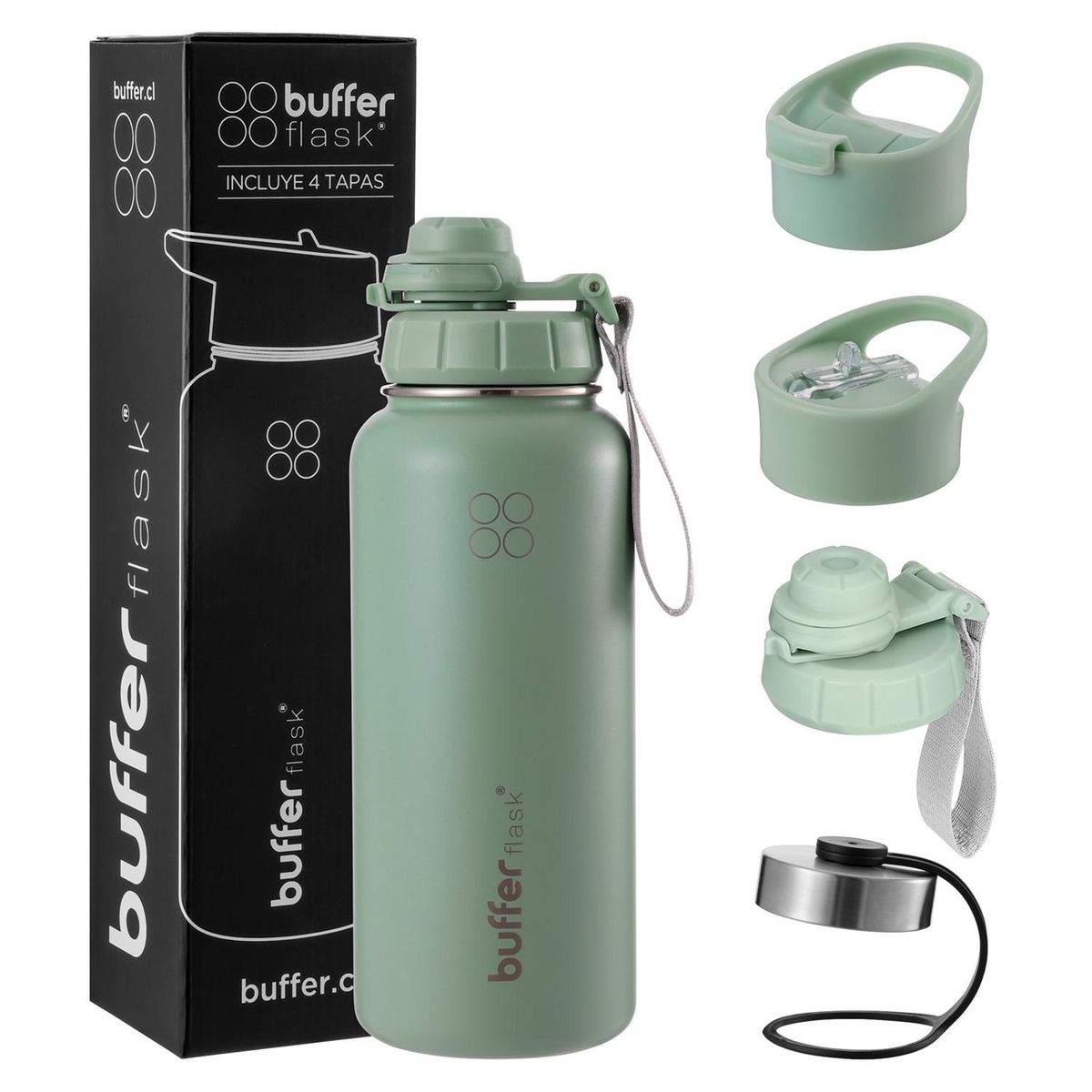 BUFFER FLASK - Termo Botella Agua Termica Inoxidable Buffer+Tapas - Verde-