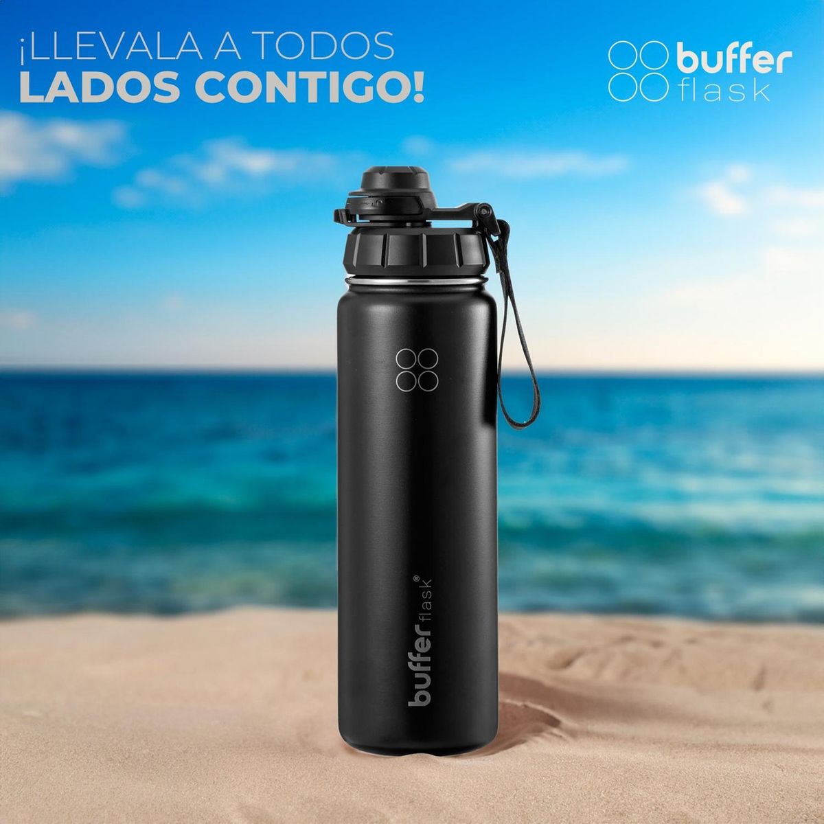 BUFFER FLASK - Termo Botella Agua Termica Inox Buffer+Tapas - Negro-