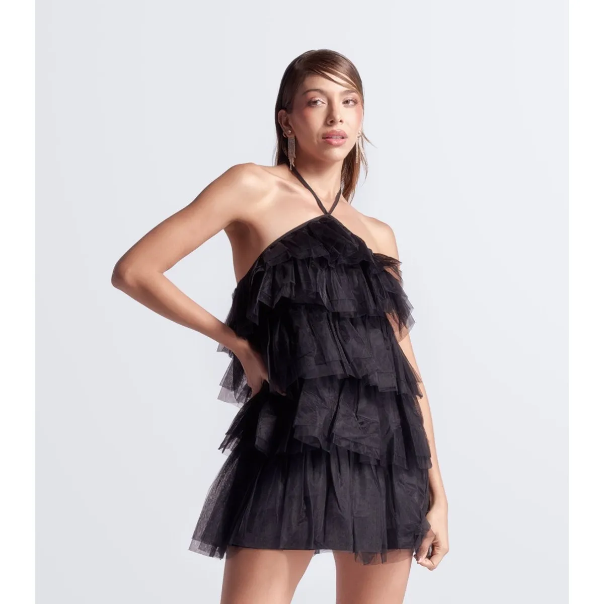 DEREK - Vestido Corto Capas Tul Unicolor Derek