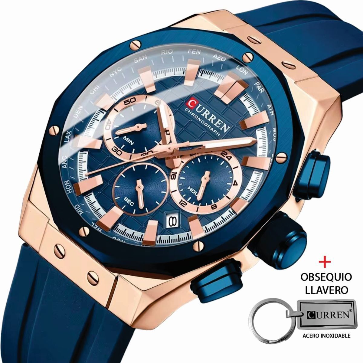 CURREN - Reloj Curren 8464 Cronógrafos Correa De Silicona Mas Llavero