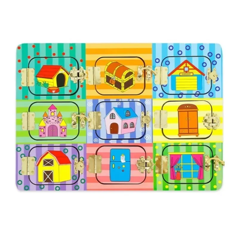 JUGANDO Y EDUCANDO - Juego Didáctico De Madera Cerraduras Y Puertas Para Niños