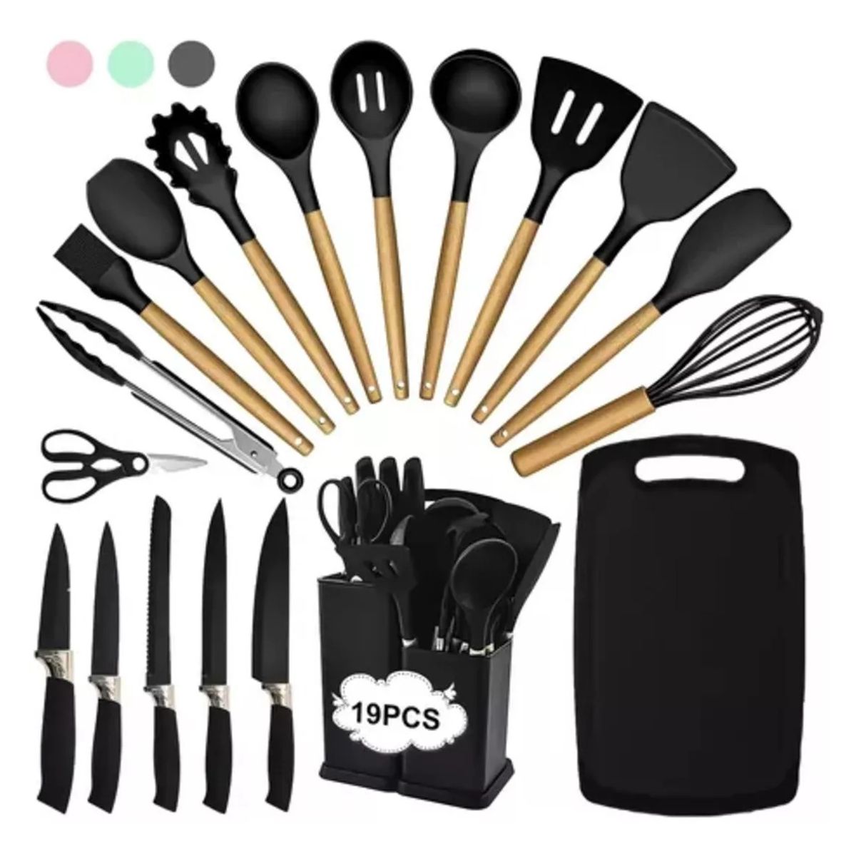 KITCHEN - Set De Utensilios De Cocina Silicona Y Cuchillos Tabla 19pcs