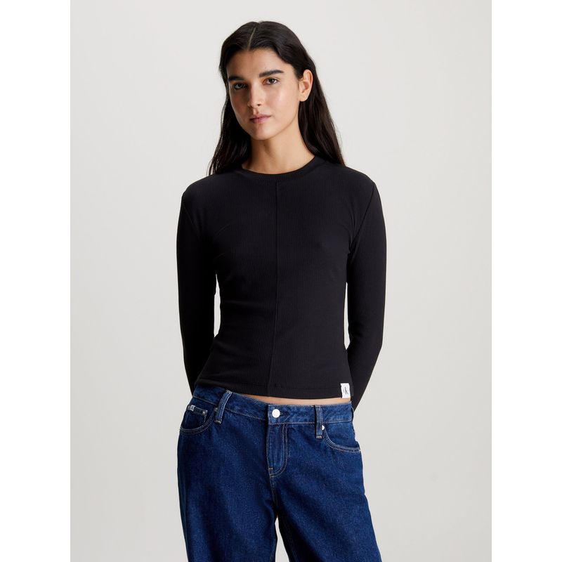 CALVIN KLEIN - Camiseta negra de manga larga slim de canalé Calvin Klein