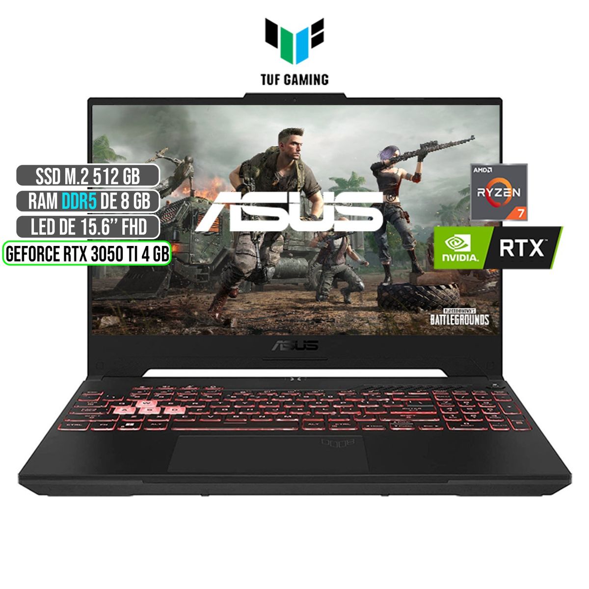 ASUS - ASUS TUF AMD RYZEN 7-6800H RTX 3050Ti 4GB SSD 512GB RAM 8GB LED 15,6 FULL HD 144Hz