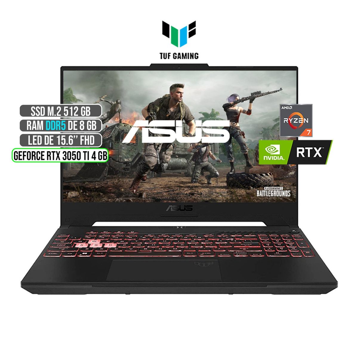 ASUS - ASUS TUF AMD RYZEN 7-6800H RTX 3050Ti 4GB SSD 512GB RAM 8GB LED 15,6 FULL HD 144Hz