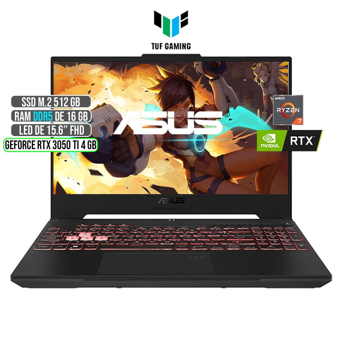 ASUS - ASUS TUF AMD RYZEN 7-6800H RTX 3050Ti 4GB SSD 512GB RAM 16GB LED 15,6 FULL HD 144Hz