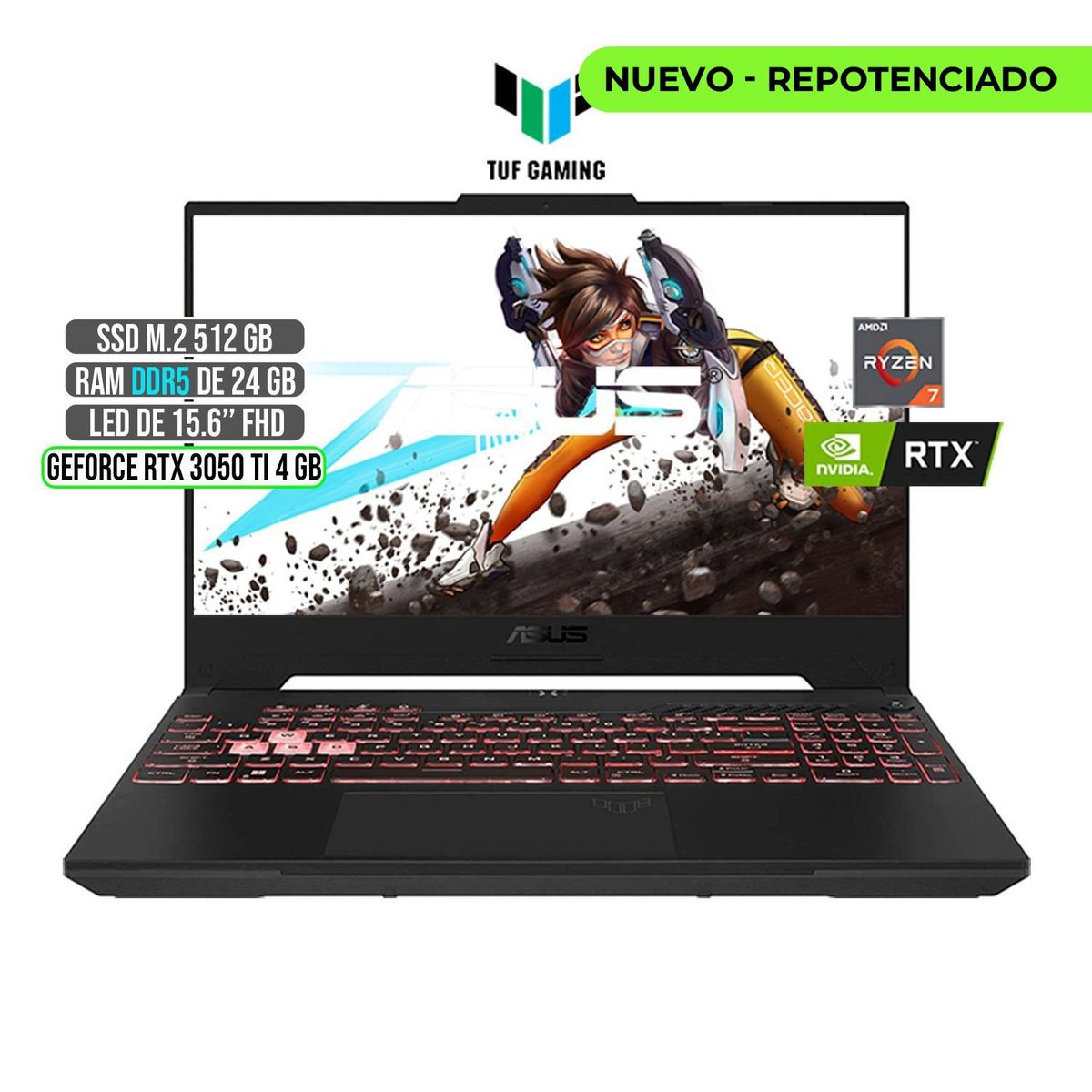 ASUS - ASUS TUF AMD RYZEN 7-6800H RTX 3050Ti 4GB SSD 512GB RAM 24GB LED 15,6 FULL HD 144Hz
