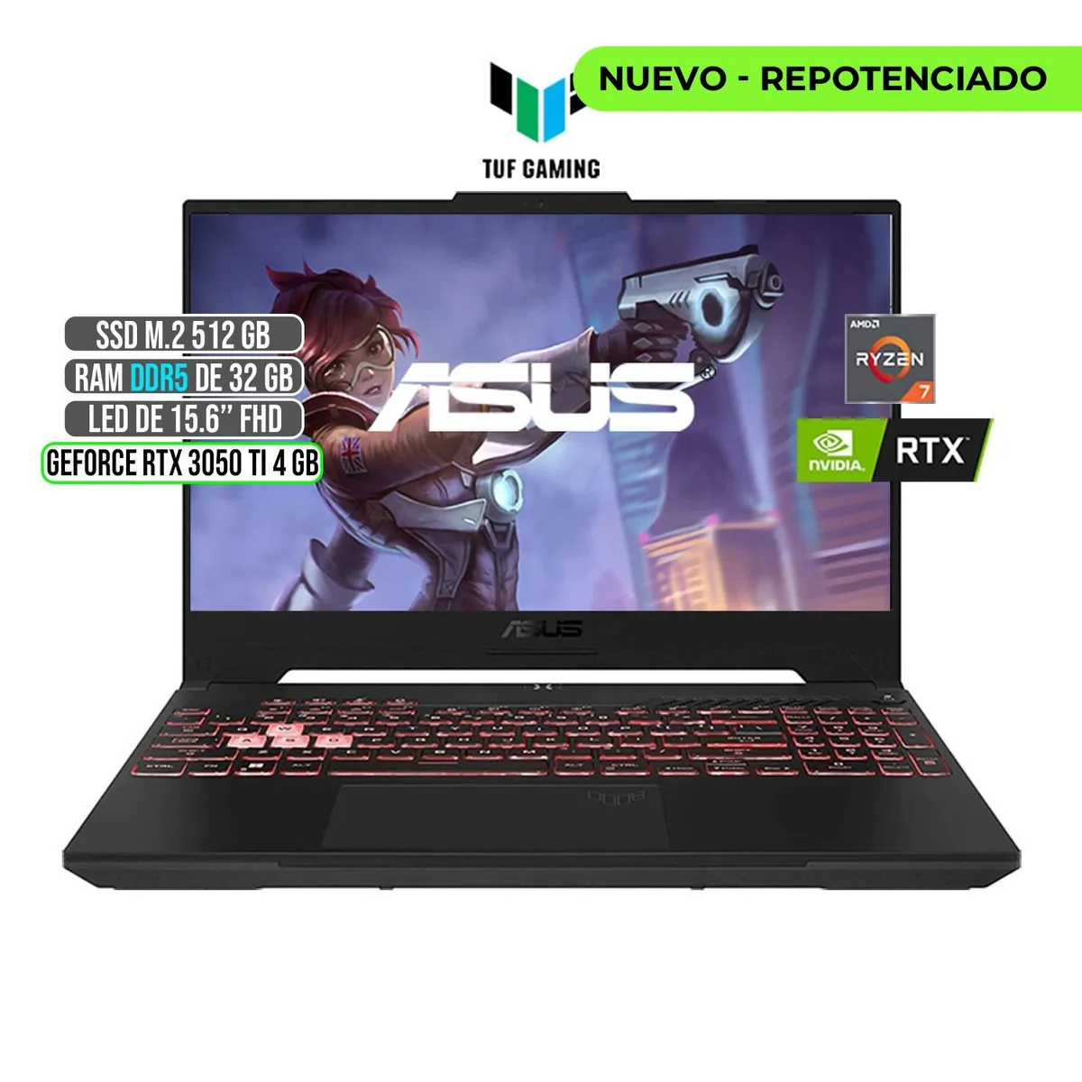 ASUS - Portátil Asus TUF AMD Ryzen 7 RTX 3050Ti 32GB RAM 512GB SSD 15.6"