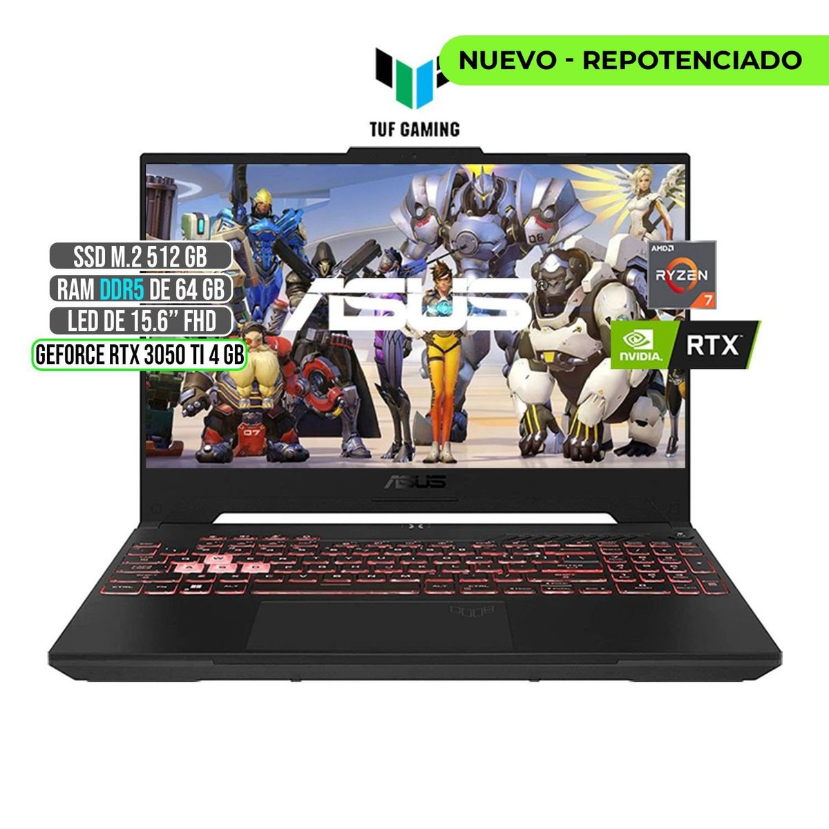 ASUS - ASUS TUF AMD RYZEN 7-6800H RTX 3050Ti 4GB SSD 512GB RAM 64GB LED 15,6 FULL HD 144Hz