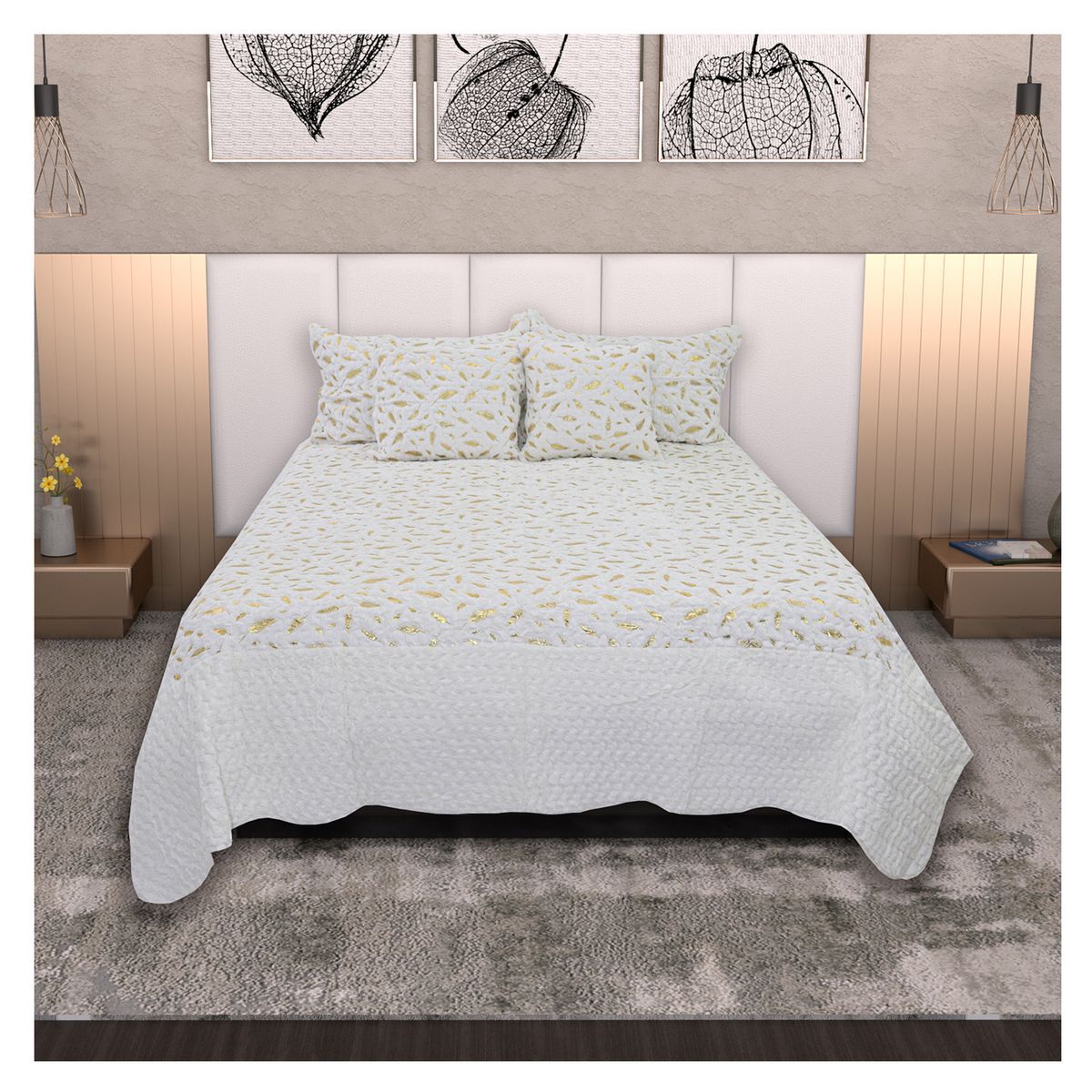 HOMETEX - TENDIDO PLUMAS  KING  BLANCO DORADO