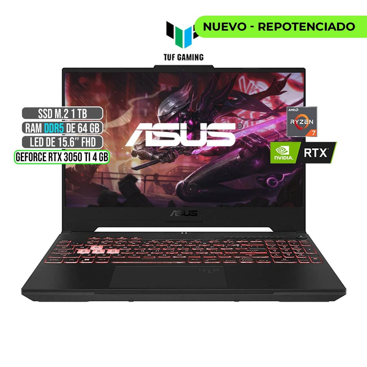 ASUS - Portátil Asus TUF AMD Ryzen 7 RTX 3050Ti 64GB 1TB 15.6"