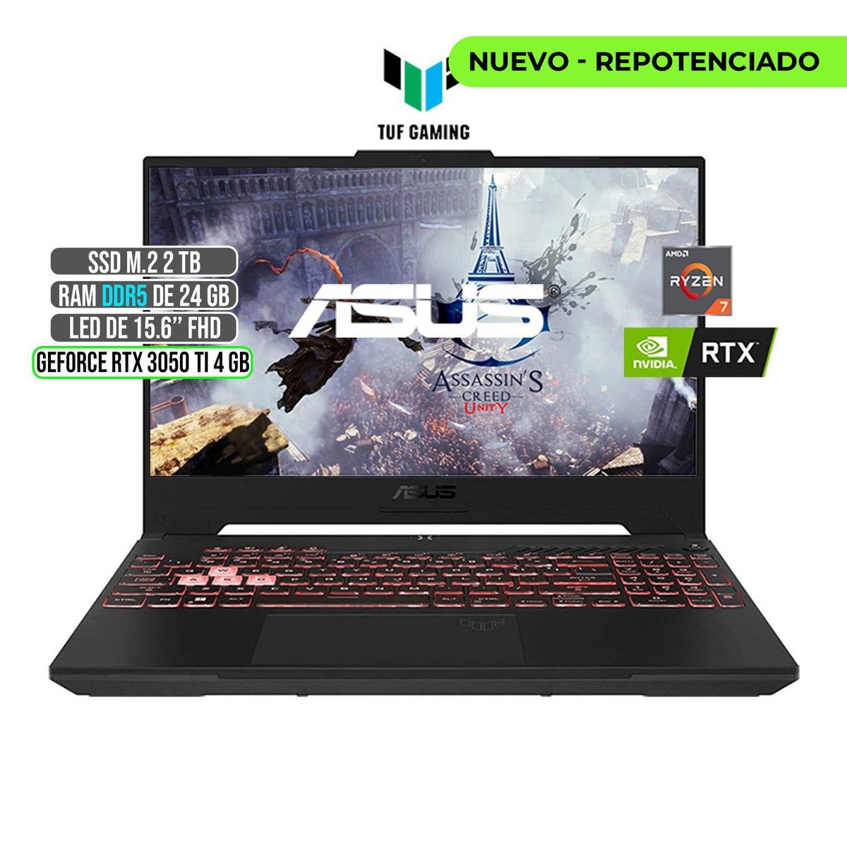 ASUS - ASUS TUF AMD RYZEN 7-6800H RTX 3050Ti 4GB SSD 2TB RAM 24GB LED 15,6 FULL HD 144Hz