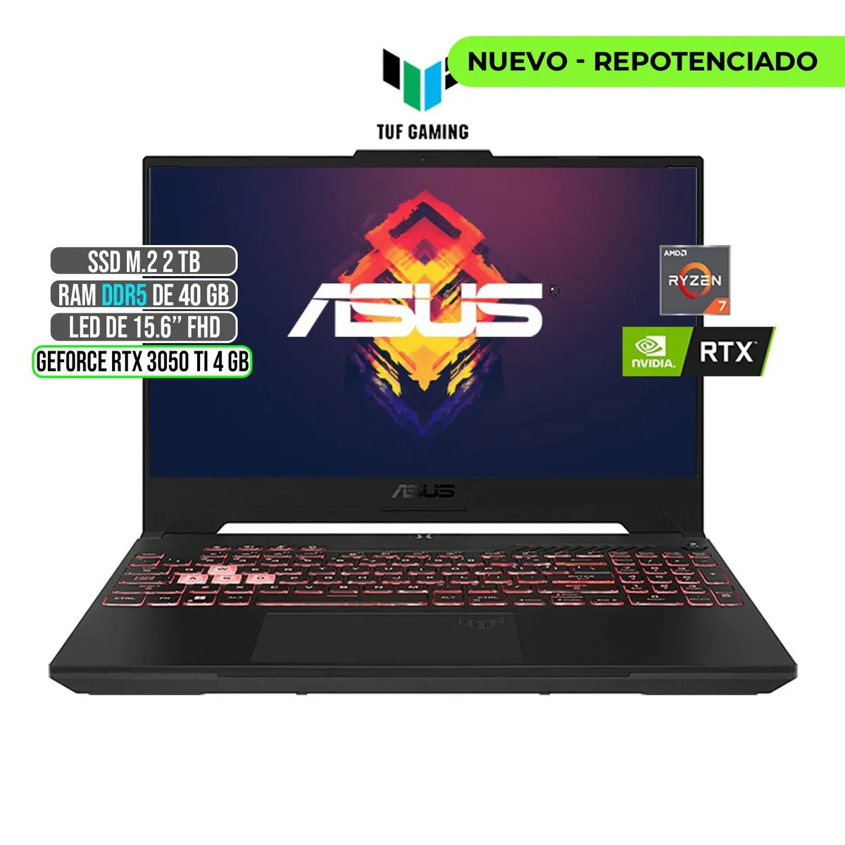ASUS - ASUS TUF AMD RYZEN 7-6800H RTX 3050Ti 4GB SSD 2TB RAM 40GB LED 15,6 FULL HD 144Hz