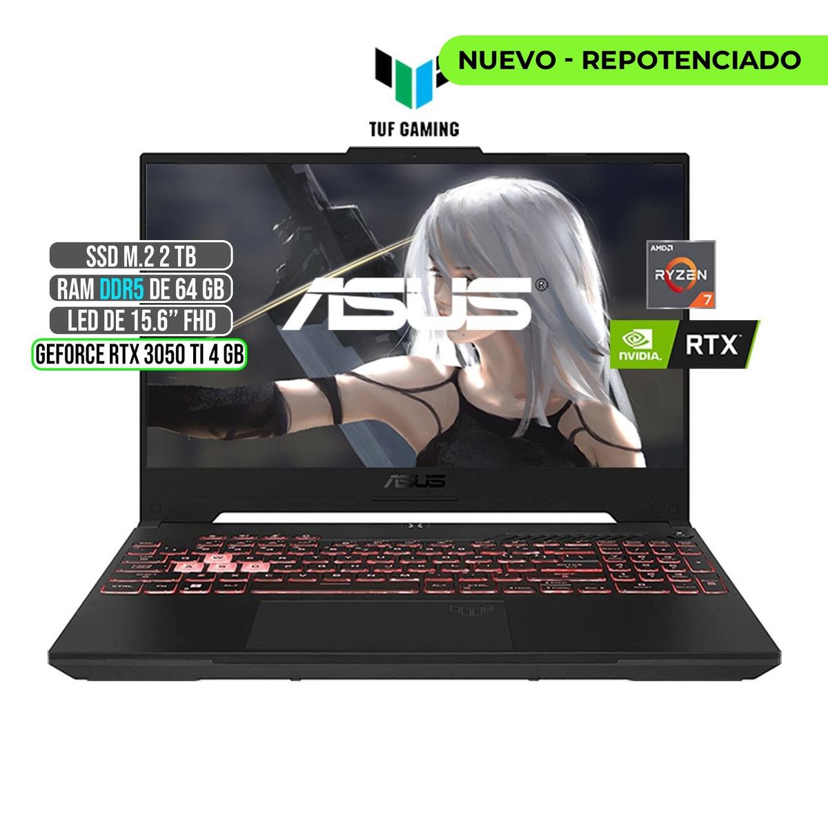 ASUS - ASUS TUF AMD RYZEN 7-6800H RTX 3050Ti 4GB SSD 2TB RAM 64GB LED 15,6 FULL HD 144Hz