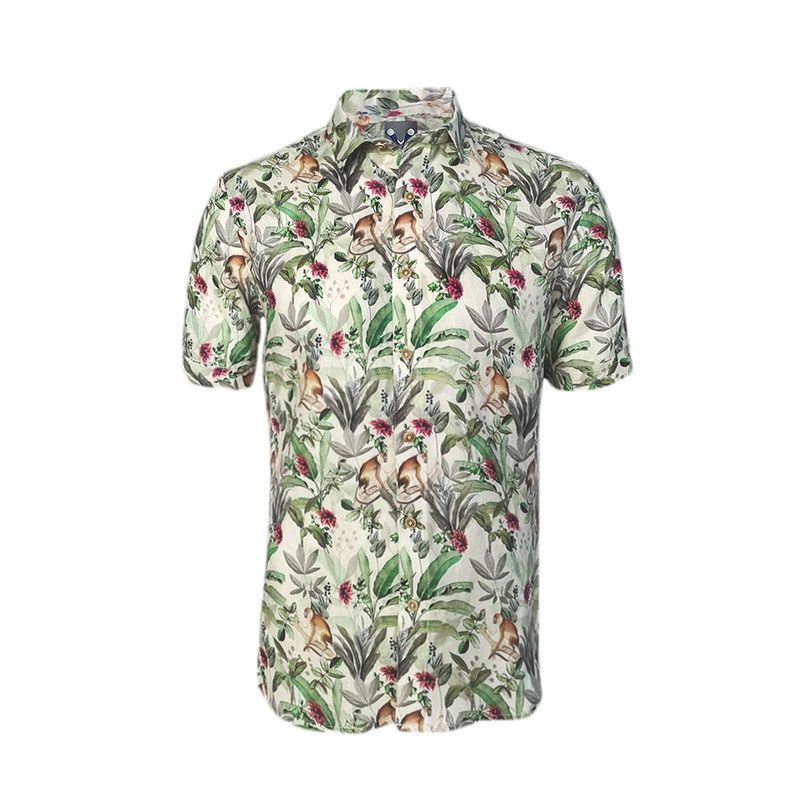 Camisa playera en lino hawaiana cuello nerú manga larga slim