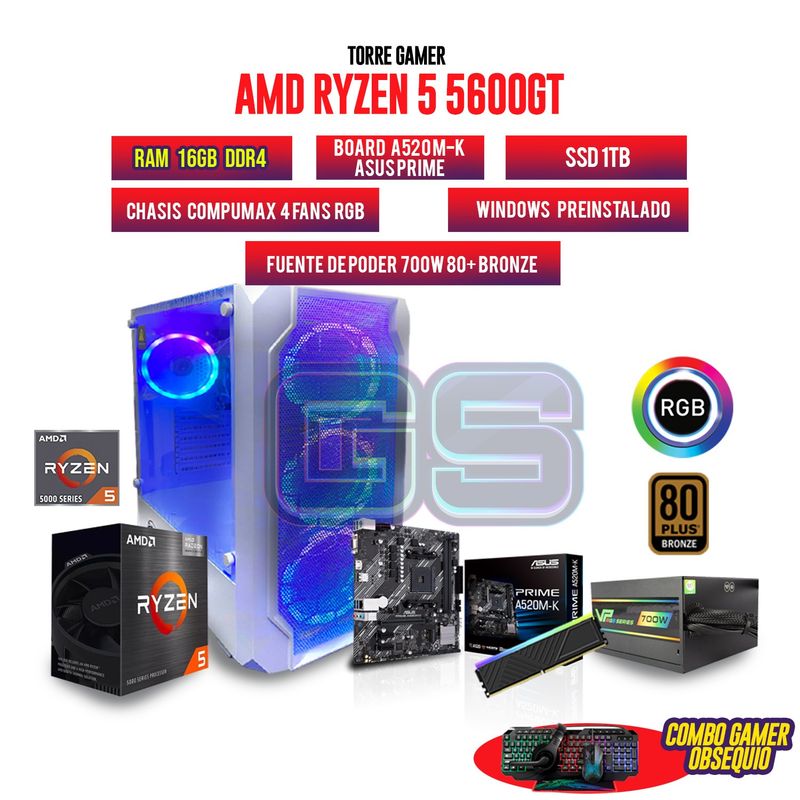 AMD - PC GAMER AMD R5 5600GT 16GB RAM SSD 1TB CHASIS 4FANS RGB COMBO GAMER 4 EN 1