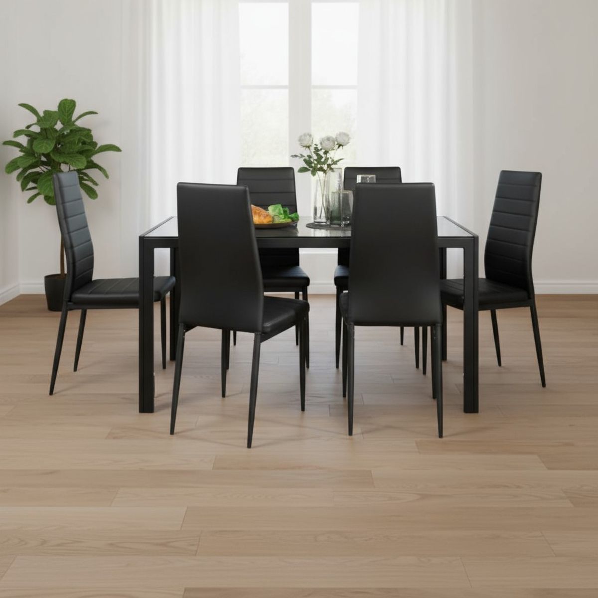 MUEBLES FIOTTI - Juego de comedor 6 puestos vidrio Negro Ran